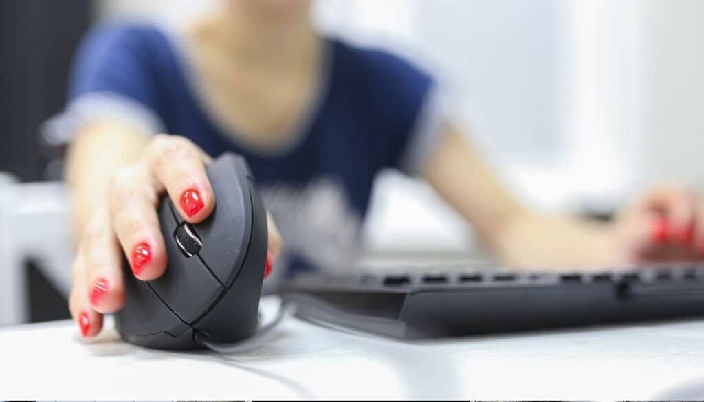 A person with red nail polish navigates the realms of travel technology, using a black computer mouse in front of a keyboard.