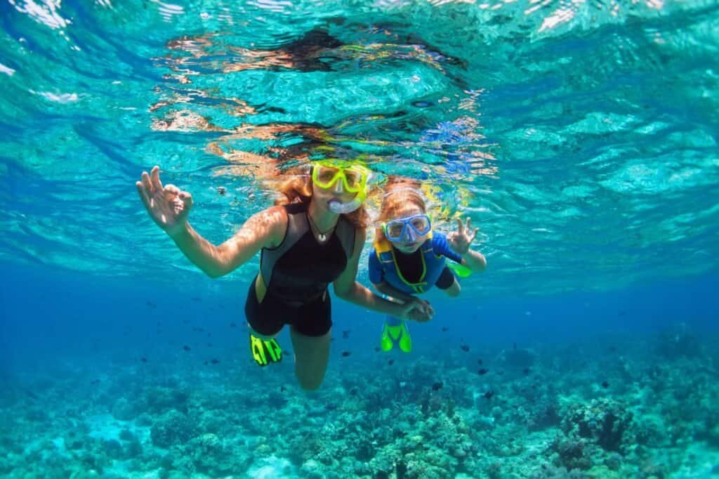 Two people embark on a luxury adventure, snorkeling underwater in the clear blue ocean. Wearing masks and snorkels, they glide through vibrant coral reefs and diverse marine life.