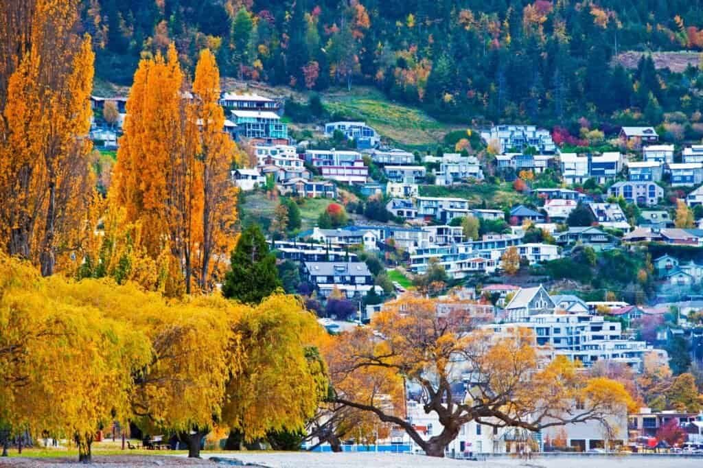 Experience luxury adventure travel as you admire the colorful hillside houses with autumn trees in the foreground, blending natural beauty and opulent escapades in a picturesque setting.