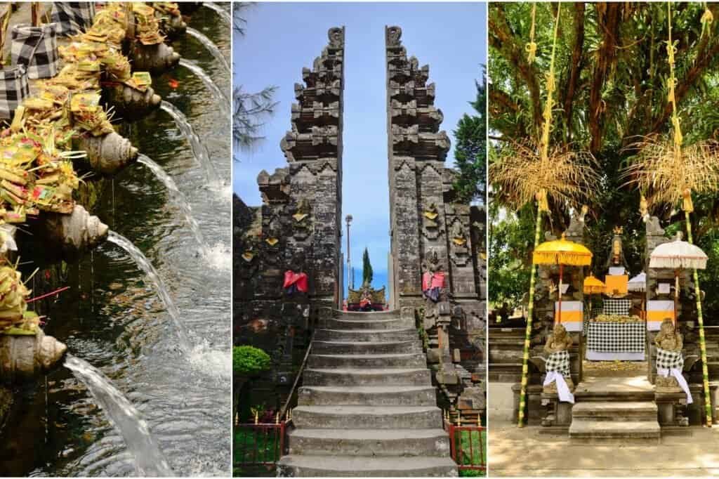 A luxurious adventure travel collage showcasing Balinese water spouts, a gate with stairs flanked by split stone pillars, and a shrine adorned with offerings and vibrant umbrellas.