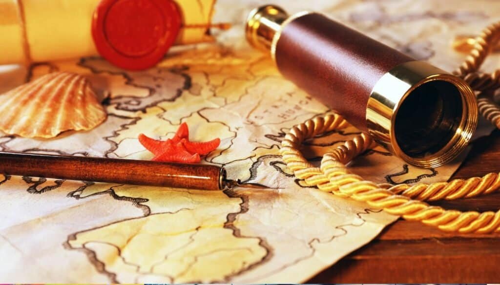 A vintage map adorned with a telescope, fountain pen, seashell, and rope evokes a timeless charm on the wooden surface, subtly embracing travel technology with its whispers of distant lands and adventures.