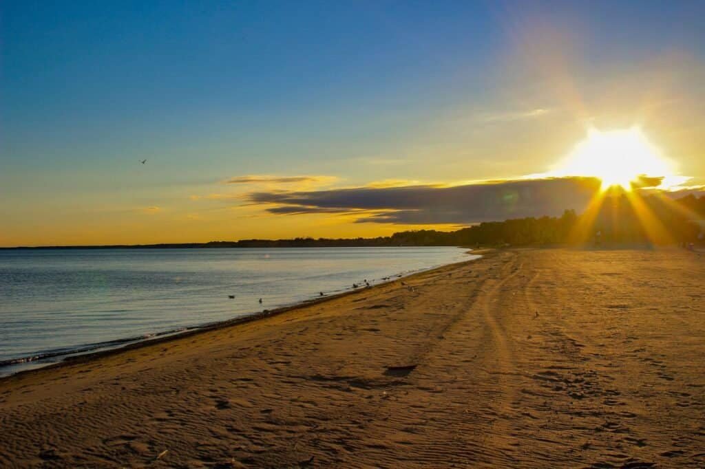 Sunset over an empty beach with the sun low in the sky, casting long shadows on the sand. Waves gently meet the shore, and a few birds can be seen near the water's edge.