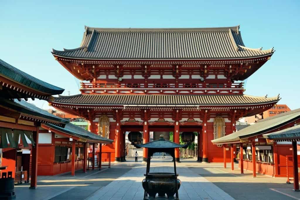 This destination guide highlights a red and white traditional Japanese temple with a gracefully curved roof, nestled among smaller structures. Set against a backdrop of clear blue sky, it promises a serene and captivating experience for travelers seeking cultural richness.