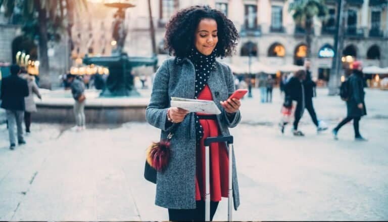 A woman in a gray coat, experiencing the thrill of solo travel, holds a map and smartphone while standing near her suitcase in a city plaza with a fountain and buildings as the backdrop.