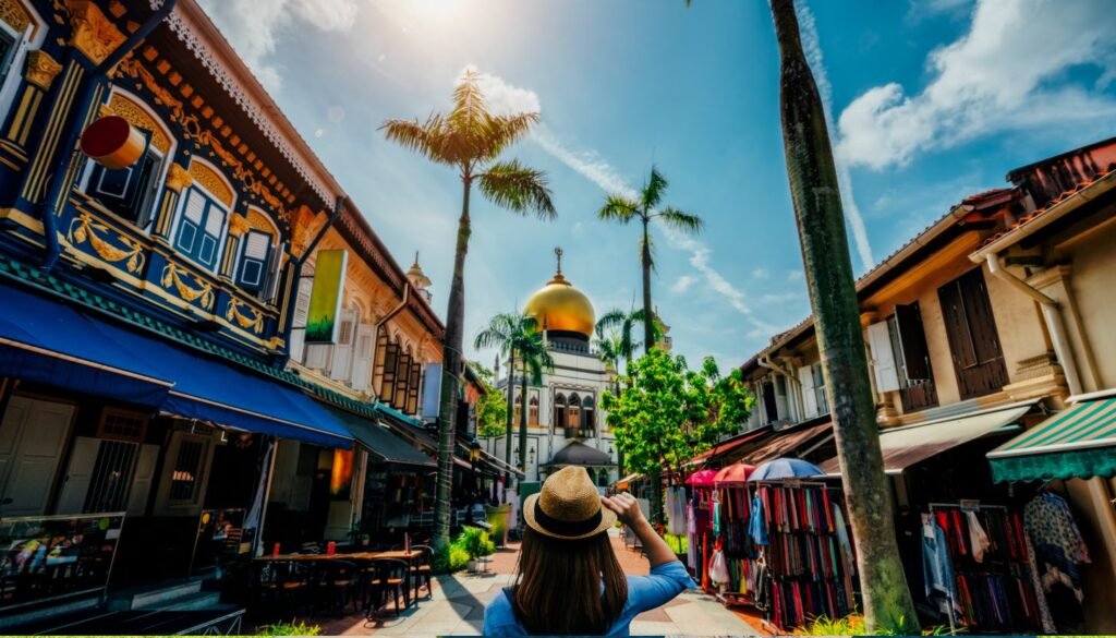 On a sunny day, a budget traveler captures the vibrant essence of a mosque with a golden dome. Traditional buildings and market stalls line the street, offering an authentic and affordable glimpse into local culture.