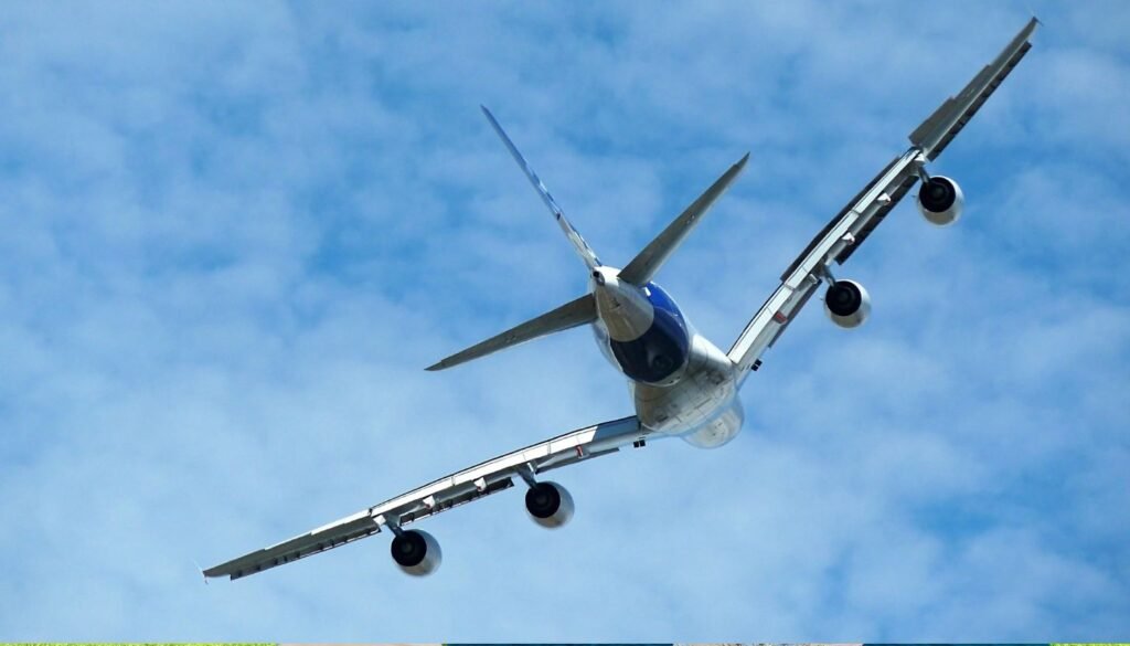 An airplane, often the symbol of budget travel, flies at an upward angle against a blue sky with scattered clouds.