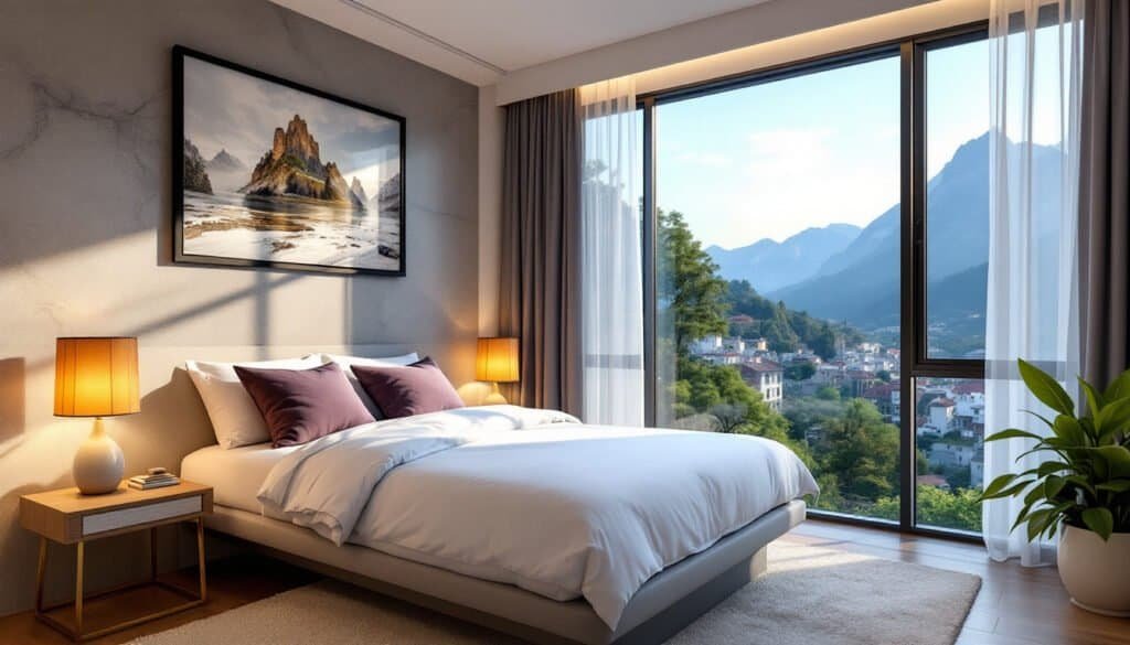 A perfect retreat for budget travel planners, this modern bedroom boasts a large window with mountain views, a cozy bed, bedside lamps, a framed landscape painting, and a potted plant to inspire your next adventure.