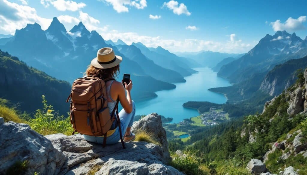 A budget travel enthusiast with a backpack sits on a rock, immersed in their phone, possibly scrolling through tips for beginners. They soak in the stunning view of the mountainous landscape and tranquil lake below.