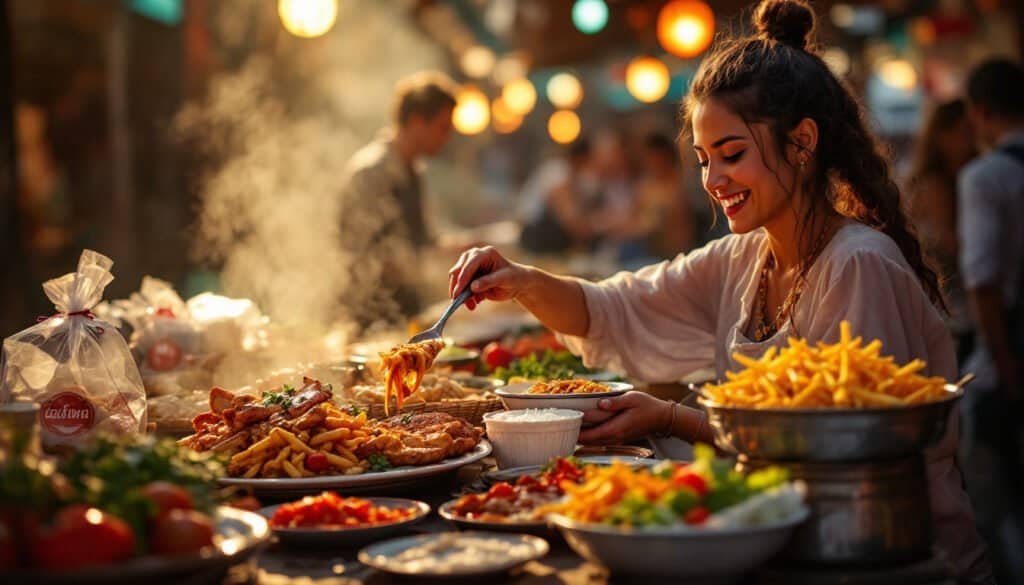 A woman serves food from an abundant spread of various dishes and bowls at a lively outdoor market, illuminated by hanging lights, offering visitors a taste of local flavors—a perfect stop for those exploring budget travel tips for beginners.