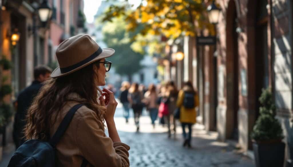 A woman in a hat and glasses stands on a cobblestone street, observing people walking by, with sunlight filtering through the trees and illuminating the scene—a perfect moment for some budget travel planning inspiration.