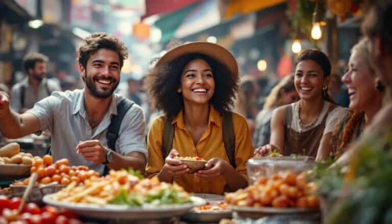 A group of people smiling and enjoying food at a vibrant outdoor market, surrounded by fresh produce and colorful stalls, offers a delightful scene for those exploring budget travel tips for beginners.