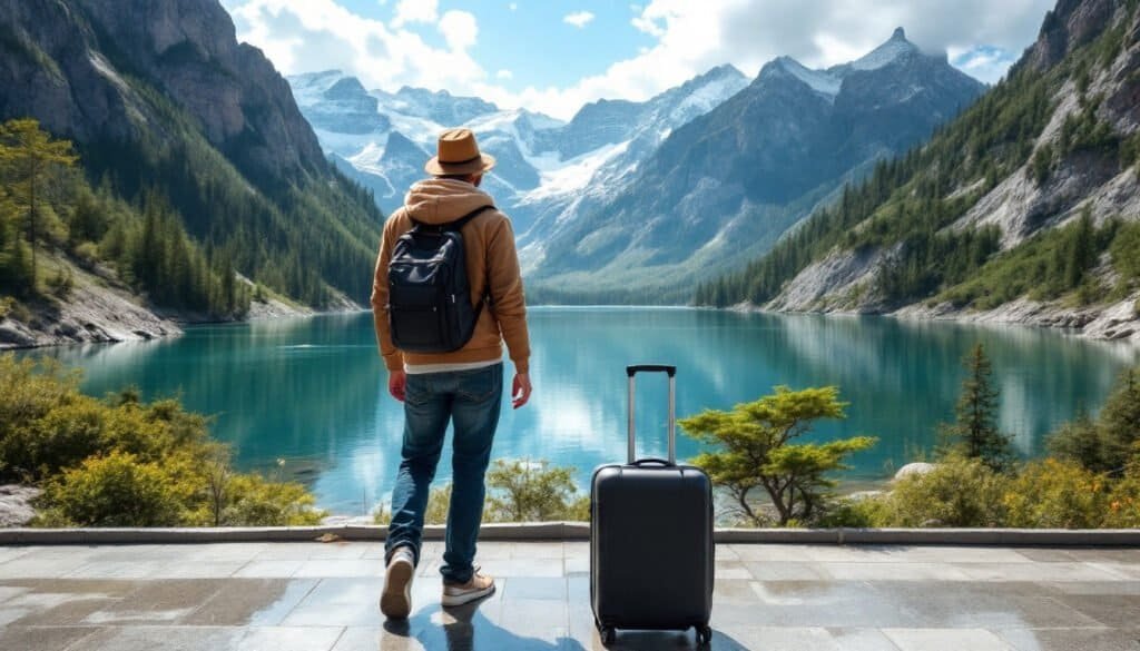 A person with a backpack and suitcase stands facing a serene mountain lake, surrounded by trees and snow-capped peaks, under a partly cloudy sky, embodying the spirit of budget travel planning in nature's vast beauty.