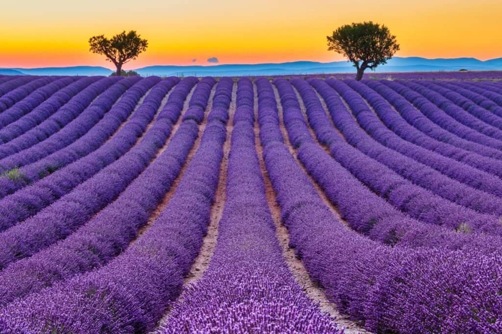 Bask in the serenity of lavender fields at sunset, where vibrant rows stretch alongside two trees silhouetted against majestic mountains—a perfect spring adventure idea unfolding before your eyes.