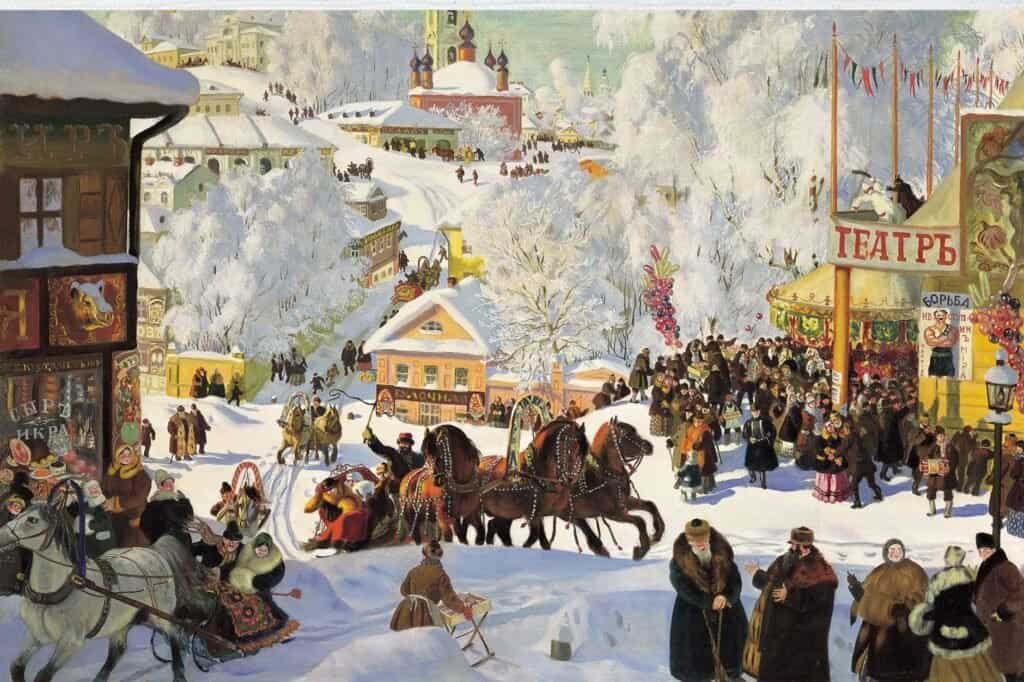 A snowy, bustling Russian village with people in winter clothes, horse-drawn sleighs, and a theater with Cyrillic signage, set amidst snowy trees and buildings.