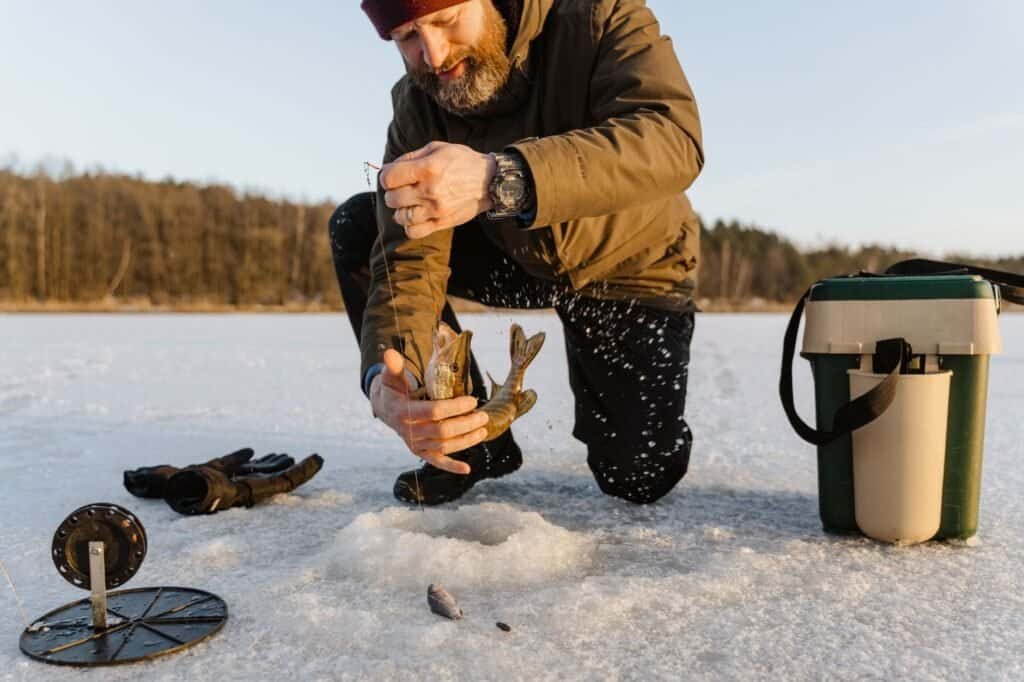 Man kneeling on ice holds a fish just caught through an ice fishing hole, with fishing gear and a bucket nearby. Snowy landscape and trees in the background.