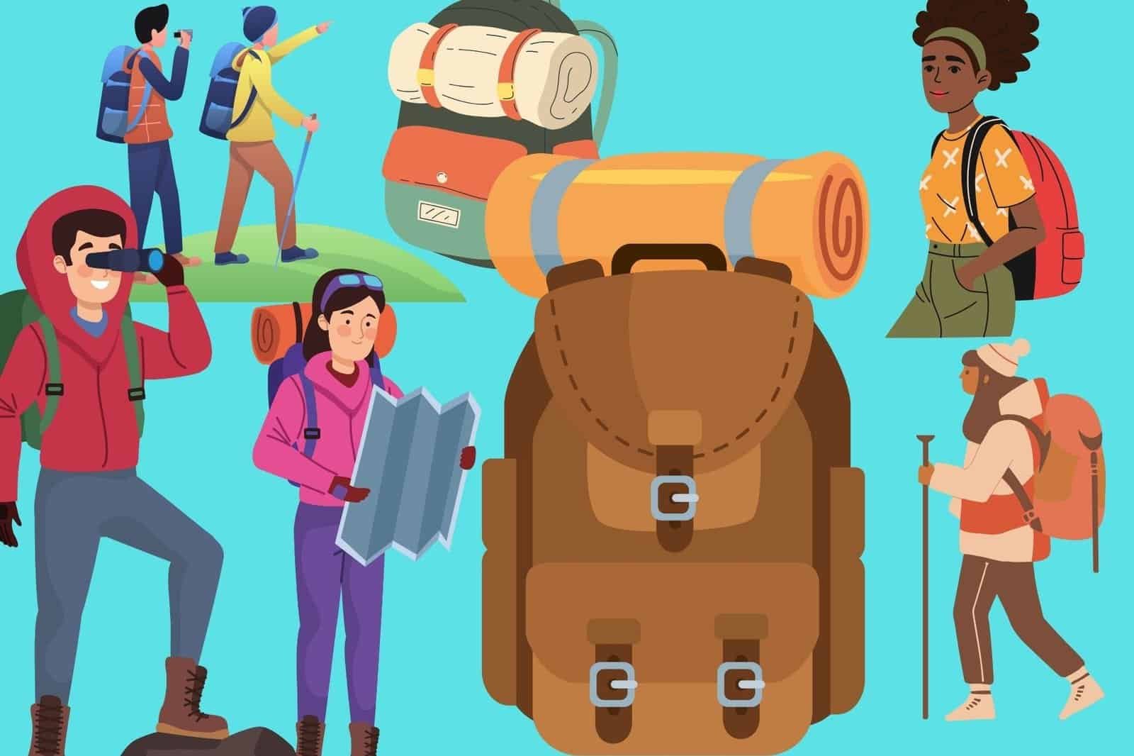 Illustration of hikers with lightweight backpacks, maps, and walking sticks on a blue background, alongside various camping gear. Perfect for an in-depth review of essential hiking equipment.