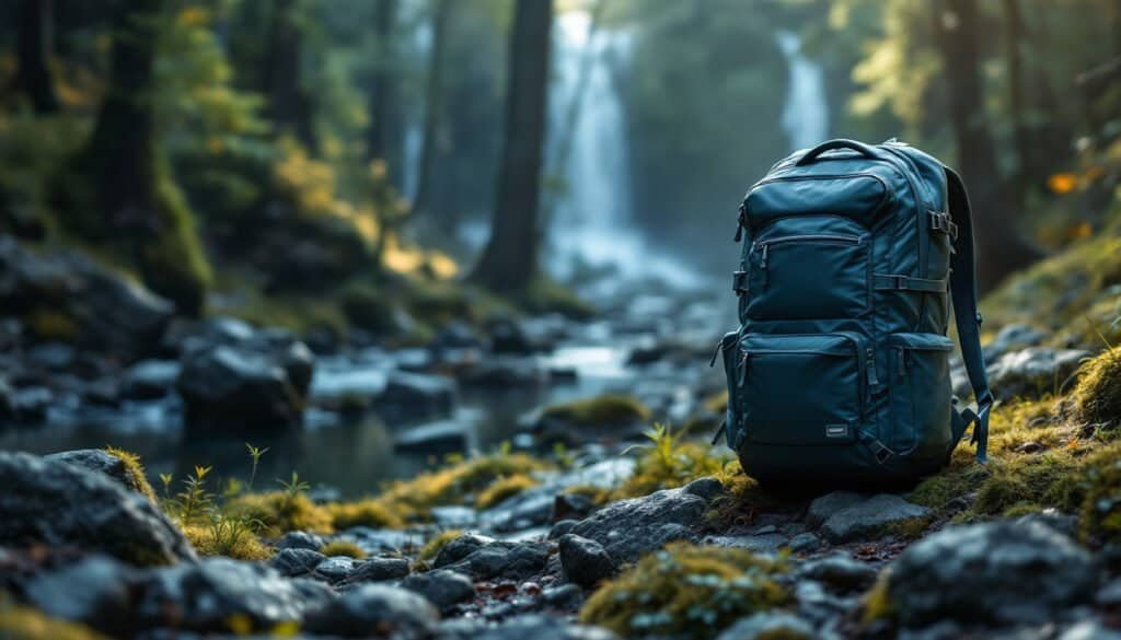 A dark green backpack sits on mossy ground near a rocky stream in a forest, with waterfalls visible in the background—a perfect setting for a lightweight backpack review.