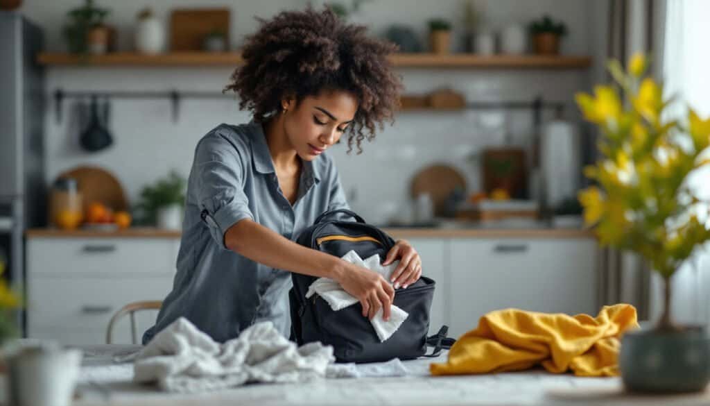 A person with curly hair reviews lightweight backpacks while packing one on the kitchen table. They're surrounded by towels and a yellow blanket, with lush plants and kitchen utensils adding charm to the backdrop.