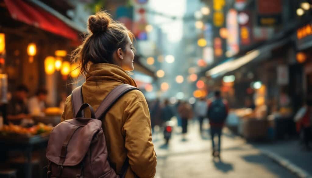 A budget-conscious backpacker navigates through a bustling street market, vibrant signs and stalls creating a lively tapestry around them.