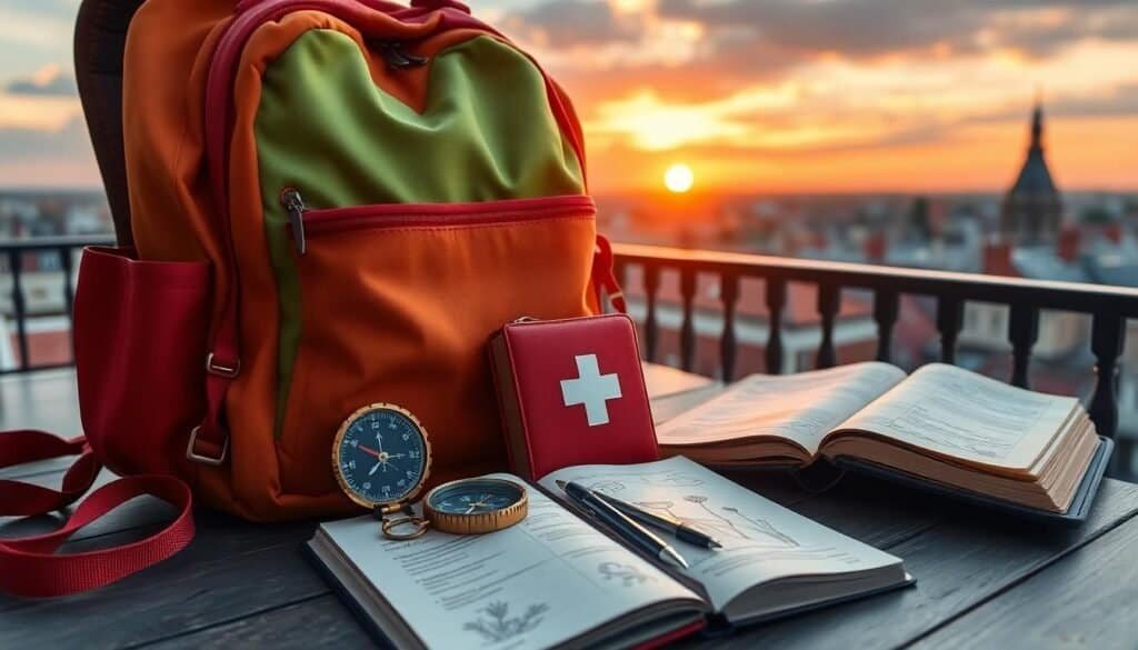 A colorful backpack, compass, small red first aid kit, open books, and a pen on a table create the perfect backpacking gear checklist against the stunning backdrop of a cityscape and sunset.