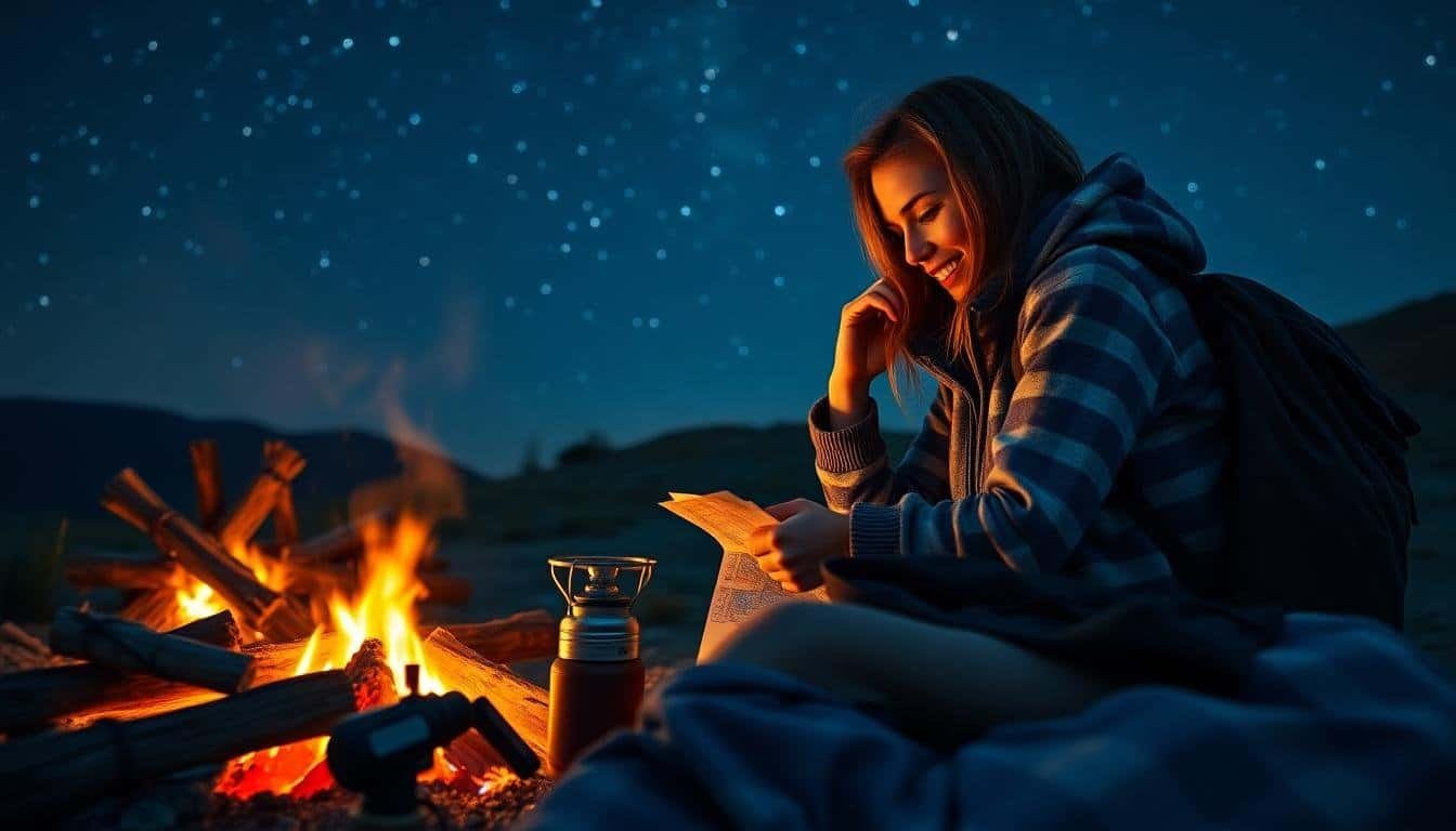 A person in a plaid jacket sits by the campfire at night, checking their backpacking gear checklist while reading a paper under the starry sky.