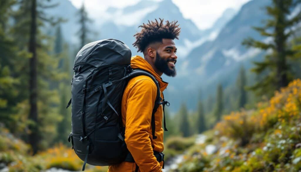 Man with a lightweight backpack smiles while hiking in a mountainous forest area, wearing an orange jacket.