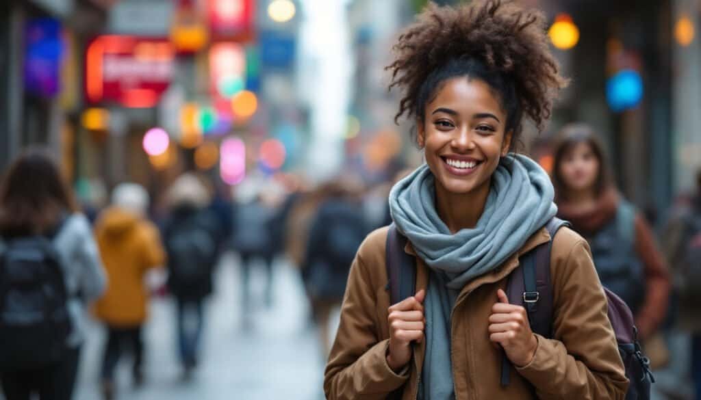 Person with curly hair in a scarf and jacket smiles while walking down a busy street, effortlessly carrying a lightweight backpack through vibrant lights and bustling crowds.