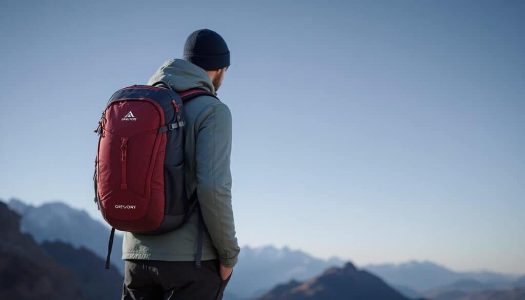 A person wearing a beanie and a red, lightweight backpack stands overlooking a mountain landscape under a clear sky, making it an ideal moment for a gear review.