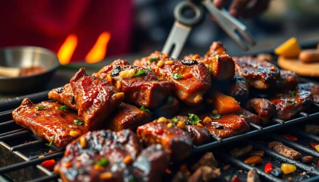 Close-up of glazed grilled meat, reminiscent of vibrant street food travel, garnished with herbs and served beside a small bowl and tongs.