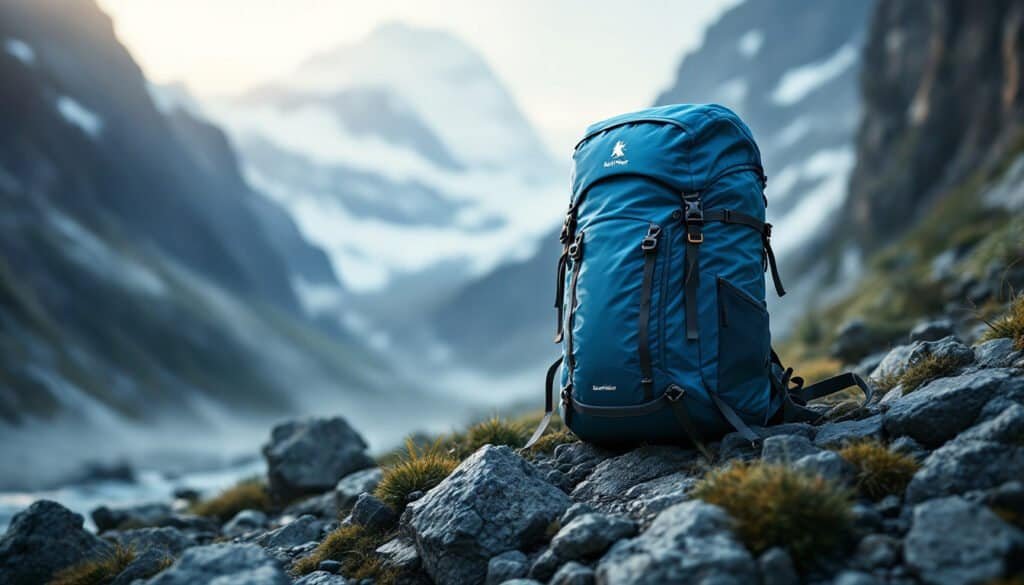A lightweight backpack rests on rocky terrain, framed by the majestic snow-capped mountains in the background.