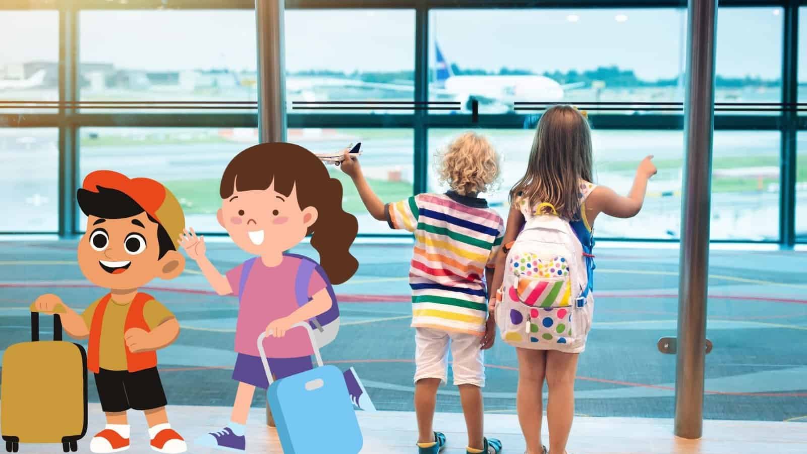Two children stand at an airport window with suitcases, joined by two cartoon characters with luggage. Planes are visible outside, promising adventures ahead. Discover budget family travel tips to make journeys joyful and affordable for everyone.