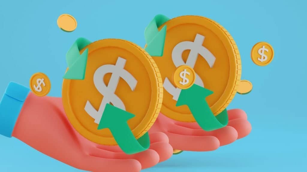 Illustration of two hands holding large coins with dollar signs, symbolizing smart saving strategies for family travel hacks, surrounded by smaller coins and green upward arrows, all set against a calming blue background.