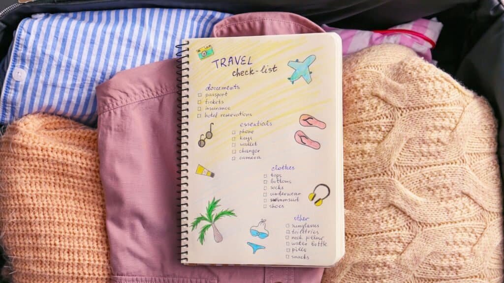 Notebook with illustrated travel checklist lies open on packed suitcase with clothes. This packing guide for budget family travel includes essentials, clothes, and items like documents, tickets, and sunglasses.