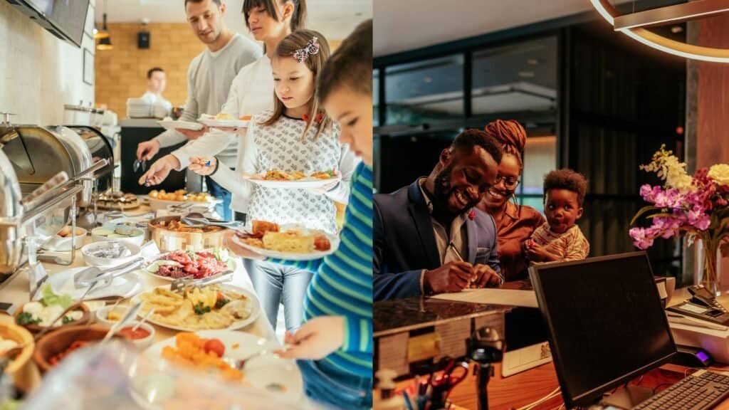 The image shows people serving themselves food at a buffet on the left and a family checking in at a hotel reception desk on the right, illustrating tips on how to visit Disneyland on a budget and save during your stay.