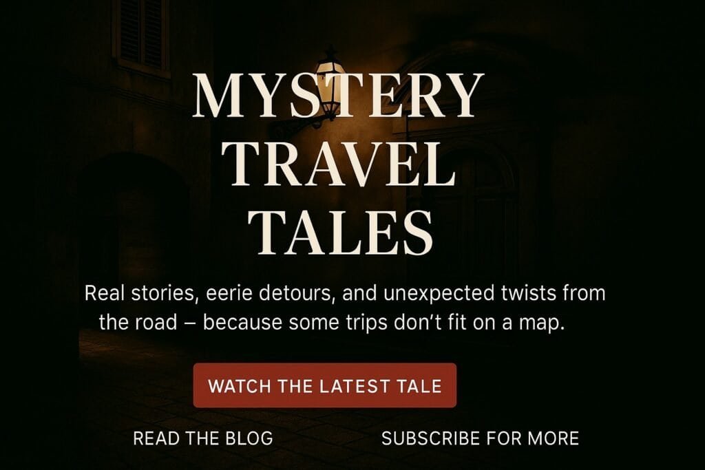 Text graphic for "Mystery Travel Tales" featuring a dark, moody background and promotional text about real stories and twists in travel. Buttons read: "Watch the Latest Tale," "Read the Blog," and "Subscribe for More.