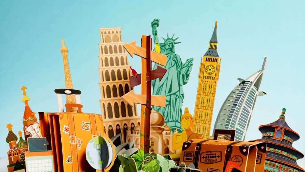 A collage of famous world landmarks, including the Statue of Liberty, Big Ben, Leaning Tower of Pisa, and Eiffel Tower, with luggage and a signpost in the foreground.