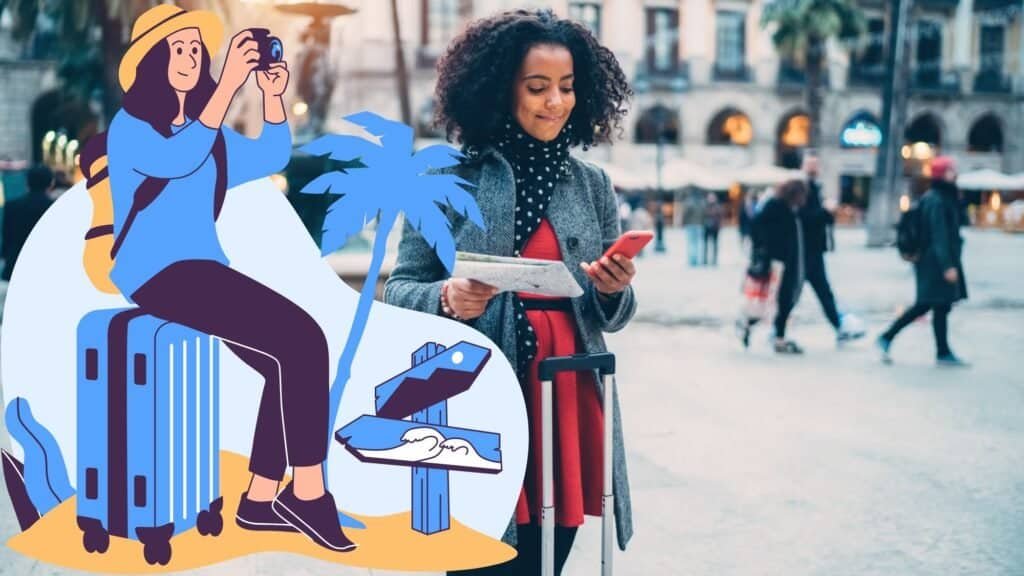 A woman with a suitcase checks her phone and map in a city square; an illustration of a traveler with luggage and travel icons is overlaid on the left side.